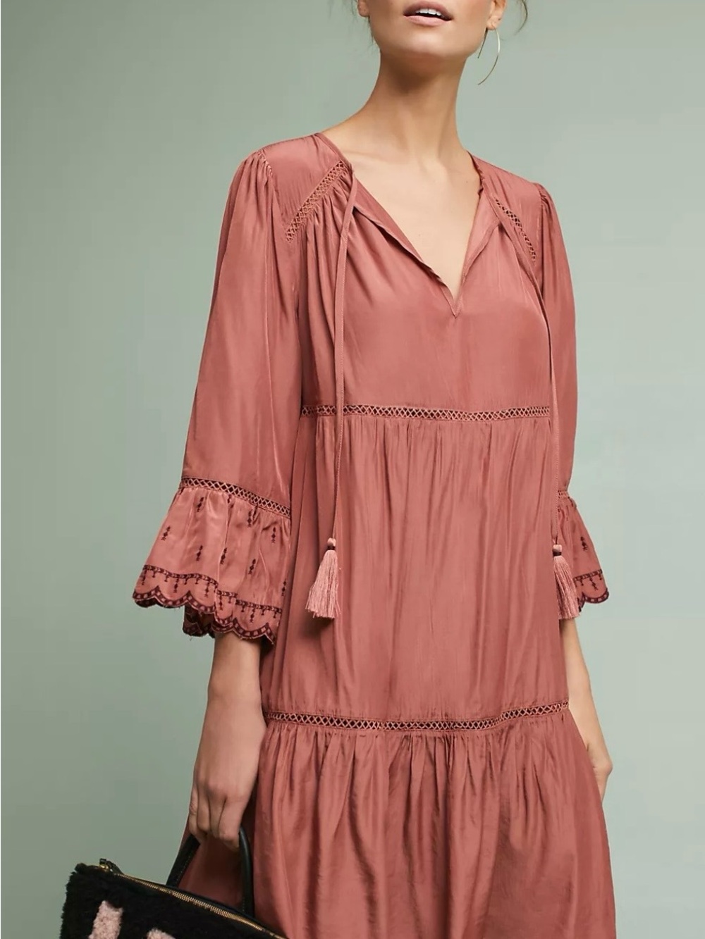NWT Moon River Anthropologie Pink Mini Tunic Dress Med Boho Bell Sleeve Cottage - Picture 2 of 13